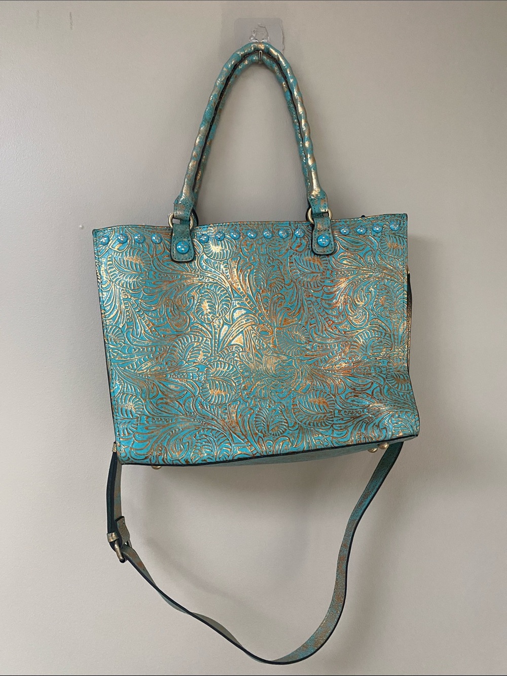 PATRICIA NASH Zancona Tooled Turquoise Leather Tote Bag Teal green Floral - Picture 3 of 9